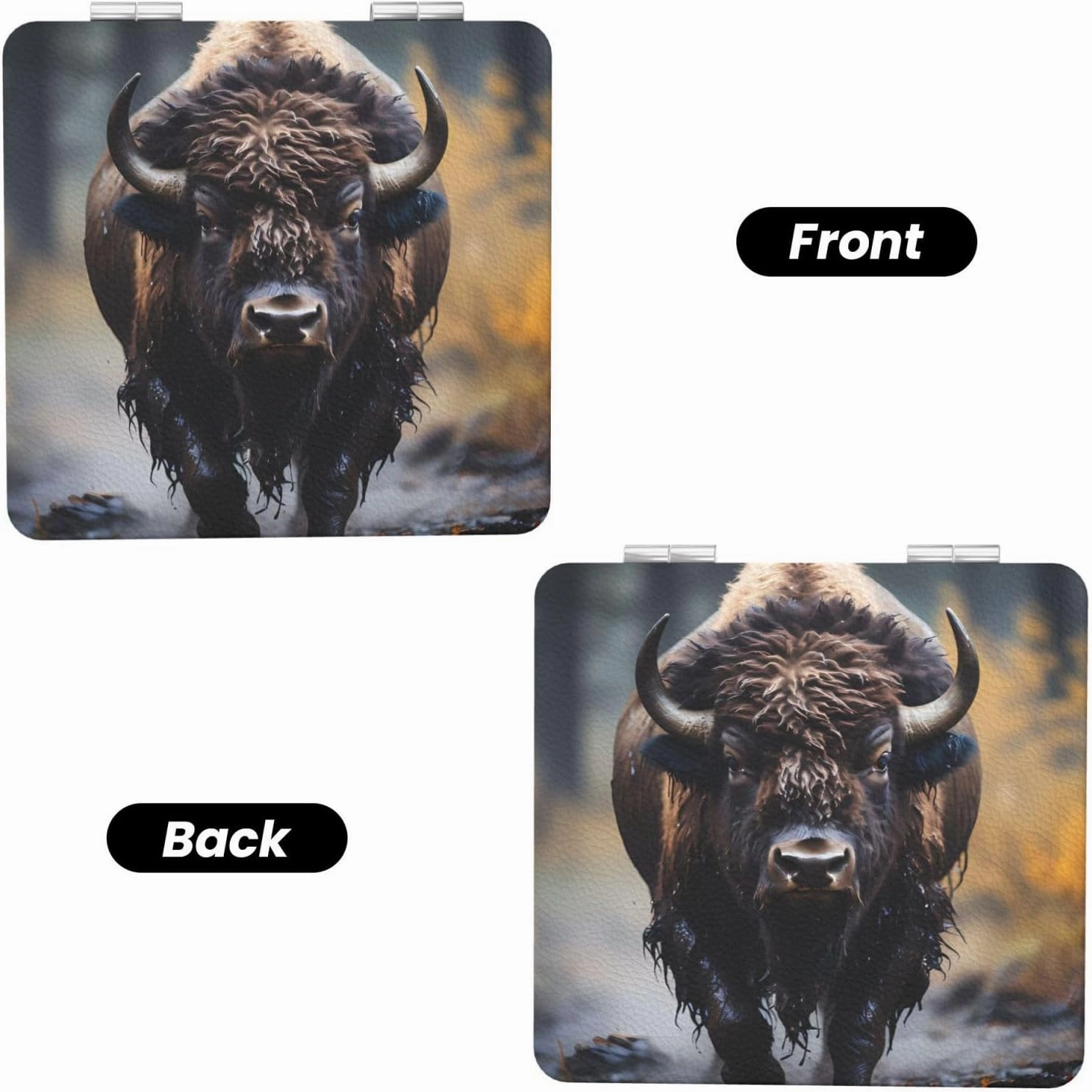 Portable Pocket Makeup Mirror North American Bison Travel Cosmetic Mirror Square Print Magnifying Compact Mirror for Eyelash