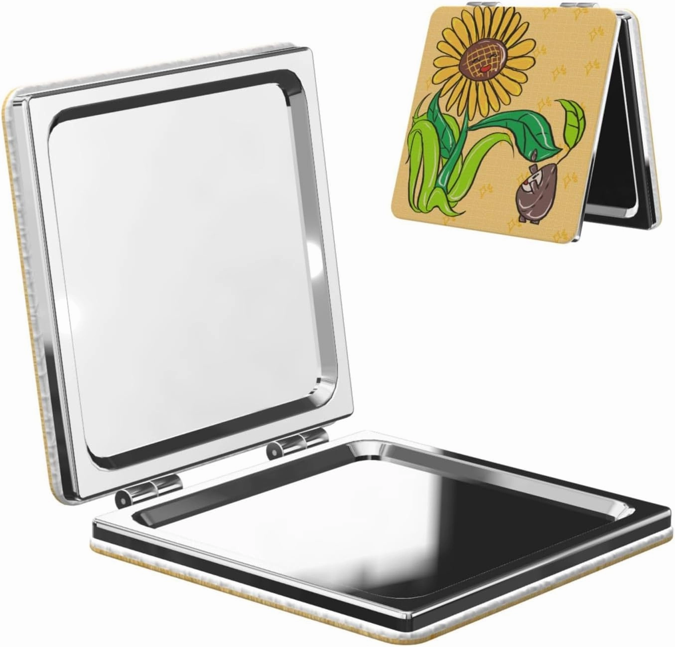 Portable Pocket Makeup Mirror Sunflower Seeds and Sunflowers Travel Cosmetic Mirror Square Print Magnifying Compact Mirror for Eyelash