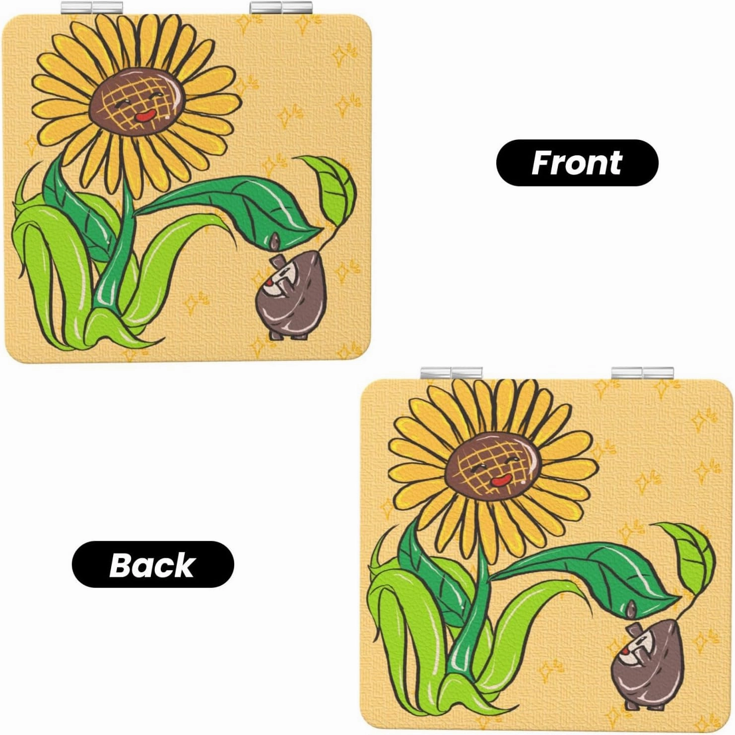 Portable Pocket Makeup Mirror Sunflower Seeds and Sunflowers Travel Cosmetic Mirror Square Print Magnifying Compact Mirror for Eyelash