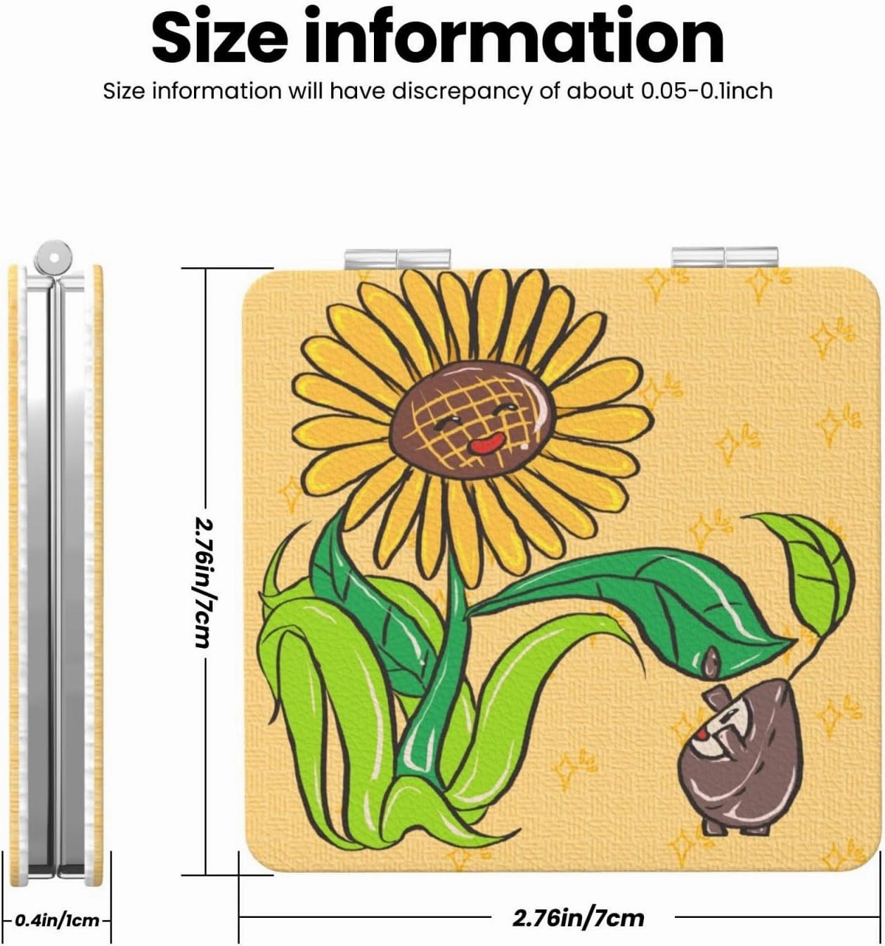 Portable Pocket Makeup Mirror Sunflower Seeds and Sunflowers Travel Cosmetic Mirror Square Print Magnifying Compact Mirror for Eyelash