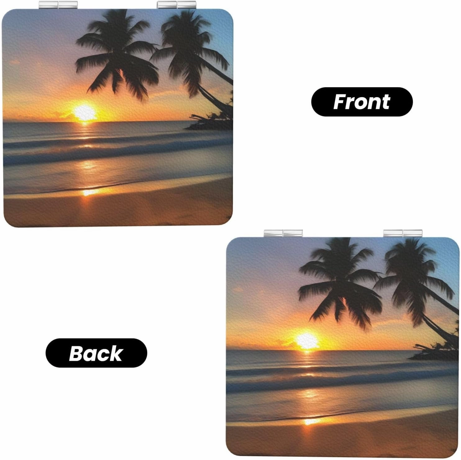 Portable Pocket Makeup Mirror Sunset Beach Travel Cosmetic Mirror Square Print Magnifying Compact Mirror for Eyelash