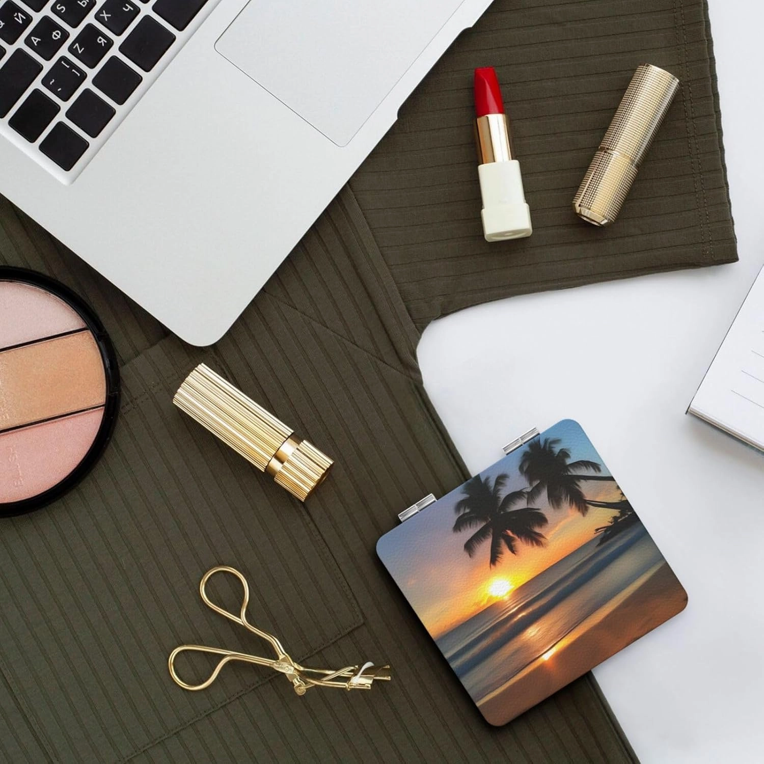Portable Pocket Makeup Mirror Sunset Beach Travel Cosmetic Mirror Square Print Magnifying Compact Mirror for Eyelash