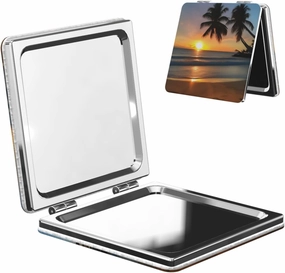 Portable Pocket Makeup Mirror Sunset Beach Travel Cosmetic Mirror Square Print Magnifying Compact Mirror for Eyelash