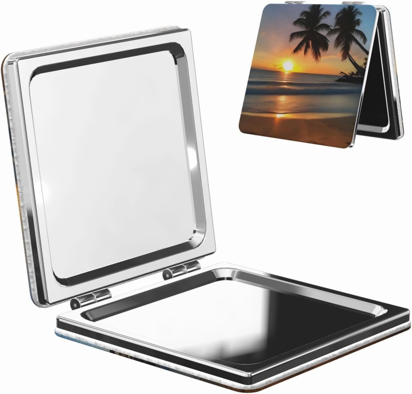 Portable Pocket Makeup Mirror Sunset Beach Travel Cosmetic Mirror Square Print Magnifying Compact Mirror for Eyelash