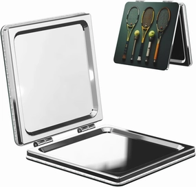Portable Pocket Makeup Mirror Tennis Balls and Rackets Travel Cosmetic Mirror Square Print Magnifying Compact Mirror for Eyelash