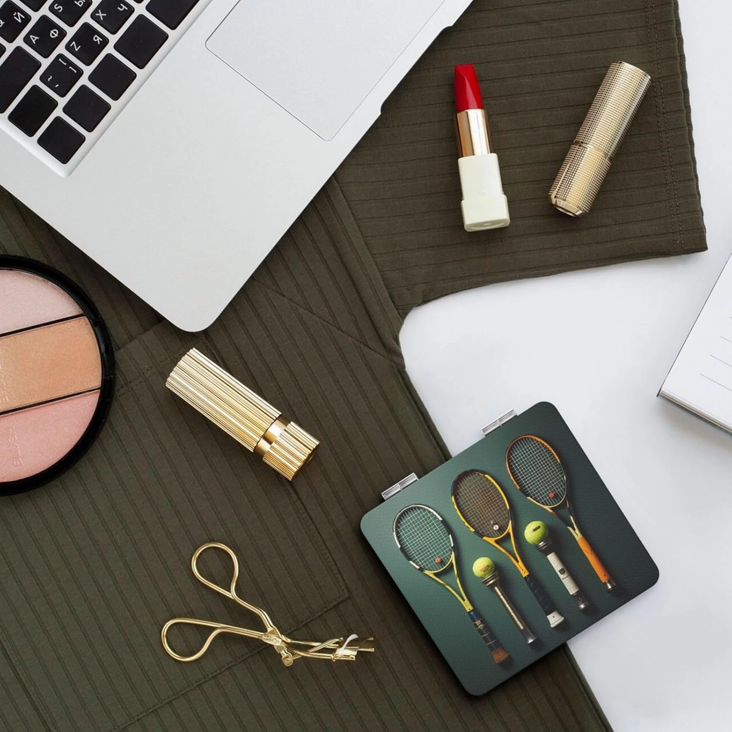 Portable Pocket Makeup Mirror Tennis Balls and Rackets Travel Cosmetic Mirror Square Print Magnifying Compact Mirror for Eyelash