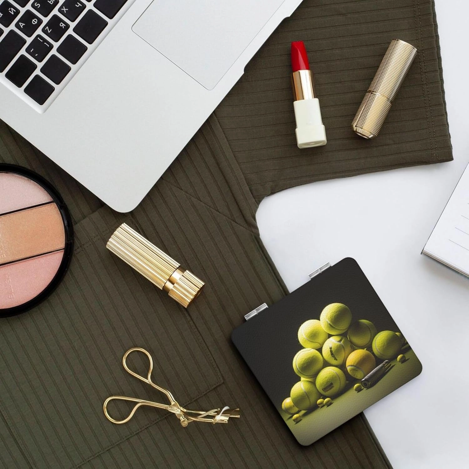 Portable Pocket Makeup Mirror Tennis Diagram Travel Cosmetic Mirror Square Print Magnifying Compact Mirror for Eyelash