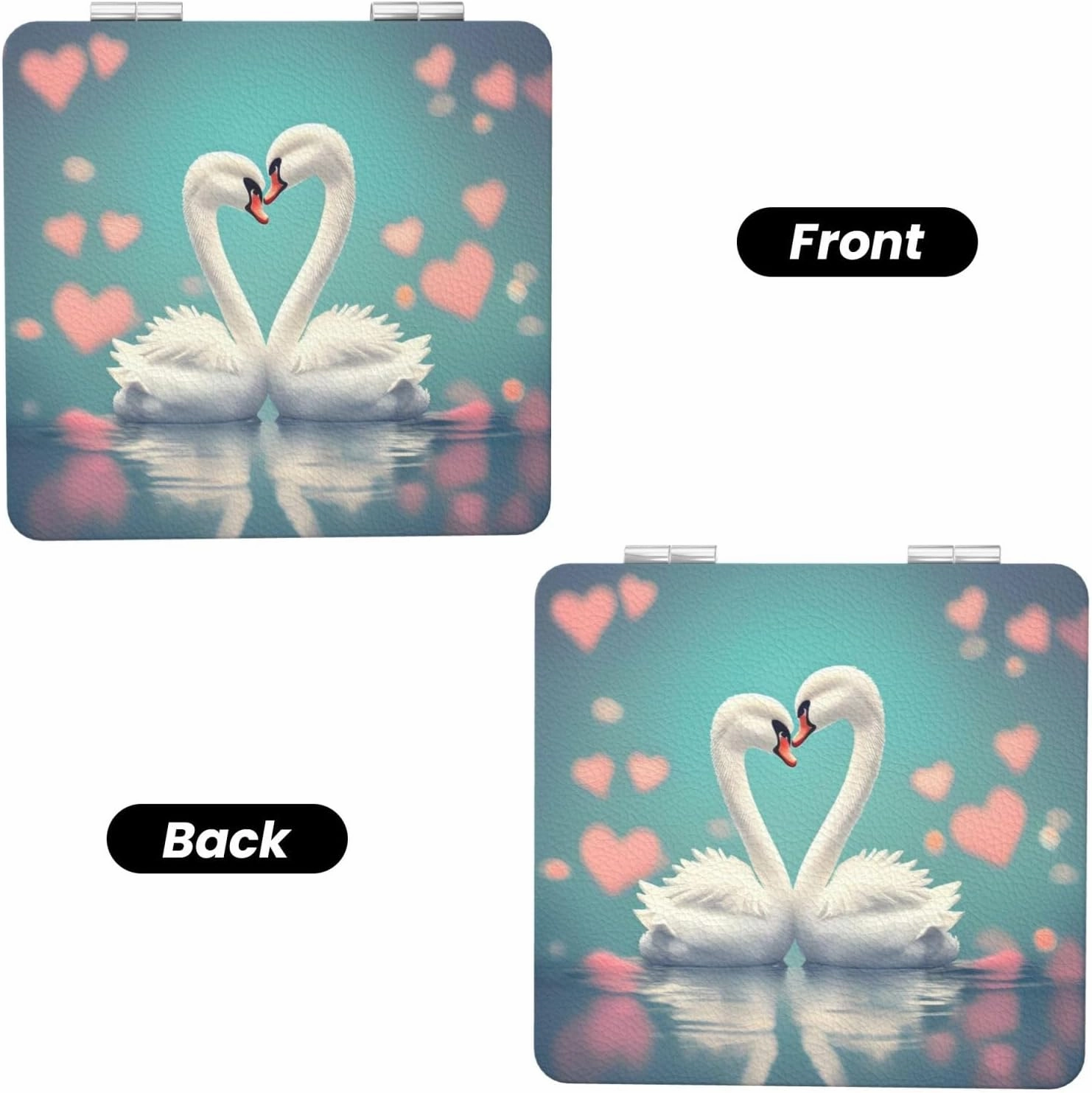 Portable Pocket Makeup Mirror The swan in Love Travel Cosmetic Mirror Square Print Magnifying Compact Mirror for Eyelash