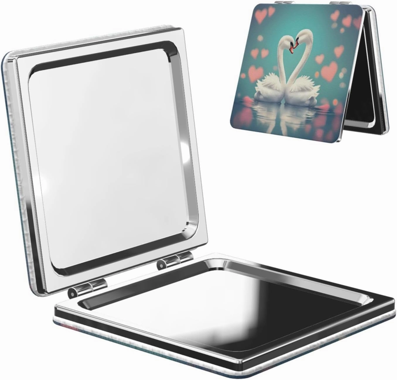Portable Pocket Makeup Mirror The swan in Love Travel Cosmetic Mirror Square Print Magnifying Compact Mirror for Eyelash