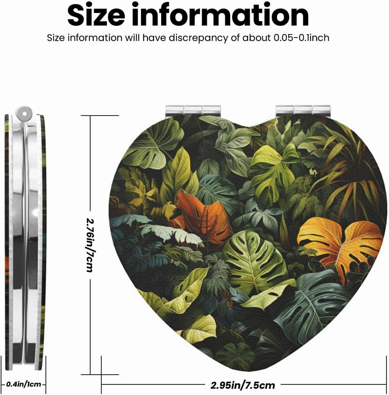 Portable Pocket Makeup Mirror Tropical Rainforest Palm Leaves Travel Cosmetic Mirror Heart Shape Print Magnifying Compact Mirror for Eyelash