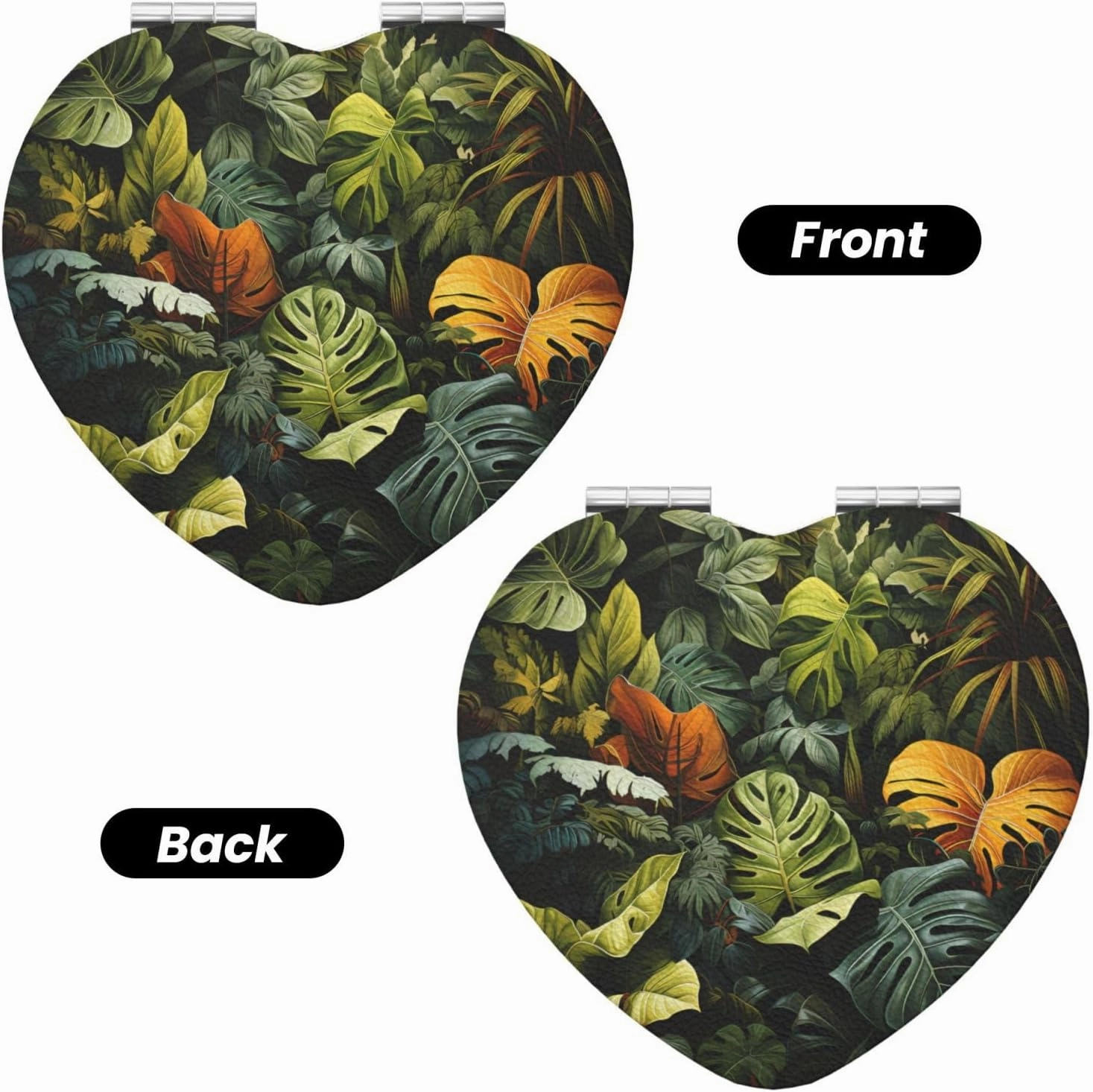 Portable Pocket Makeup Mirror Tropical Rainforest Palm Leaves Travel Cosmetic Mirror Heart Shape Print Magnifying Compact Mirror for Eyelash