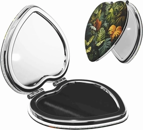 Portable Pocket Makeup Mirror Tropical Rainforest Palm Leaves Travel Cosmetic Mirror Heart Shape Print Magnifying Compact Mirror for Eyelash