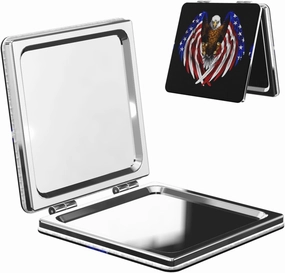 Portable Pocket Makeup Mirror USA Flag Patriotic Eagle Travel Cosmetic Mirror Square Print Magnifying Compact Mirror for Eyelash