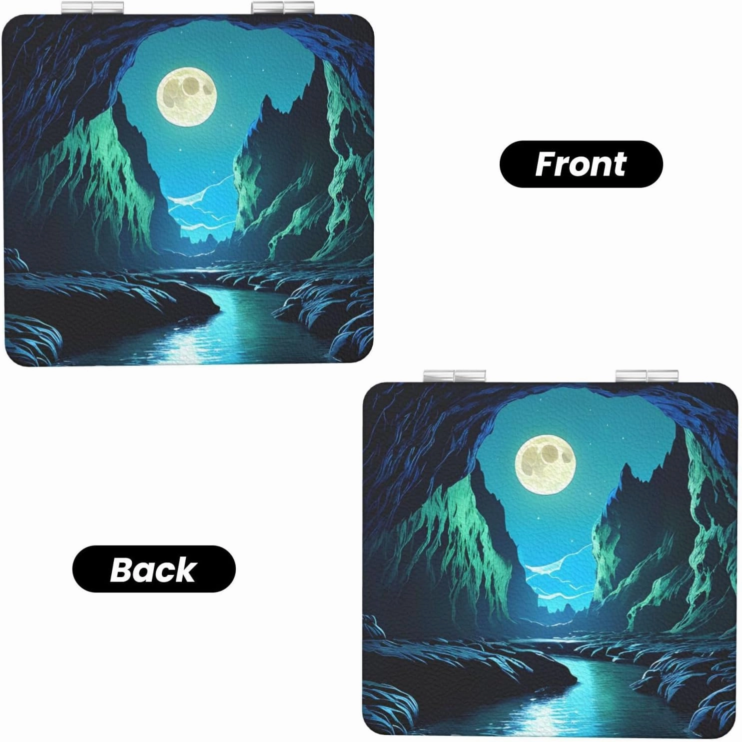 Portable Pocket Makeup Mirror Water Moon Cave Travel Cosmetic Mirror Square Print Magnifying Compact Mirror for Eyelash