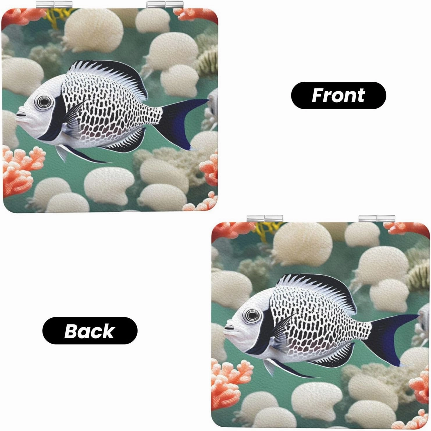 Portable Pocket Makeup Mirror White Tropical Fish Travel Cosmetic Mirror Square Print Magnifying Compact Mirror for Eyelash