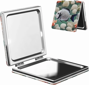Portable Pocket Makeup Mirror White Tropical Fish Travel Cosmetic Mirror Square Print Magnifying Compact Mirror for Eyelash