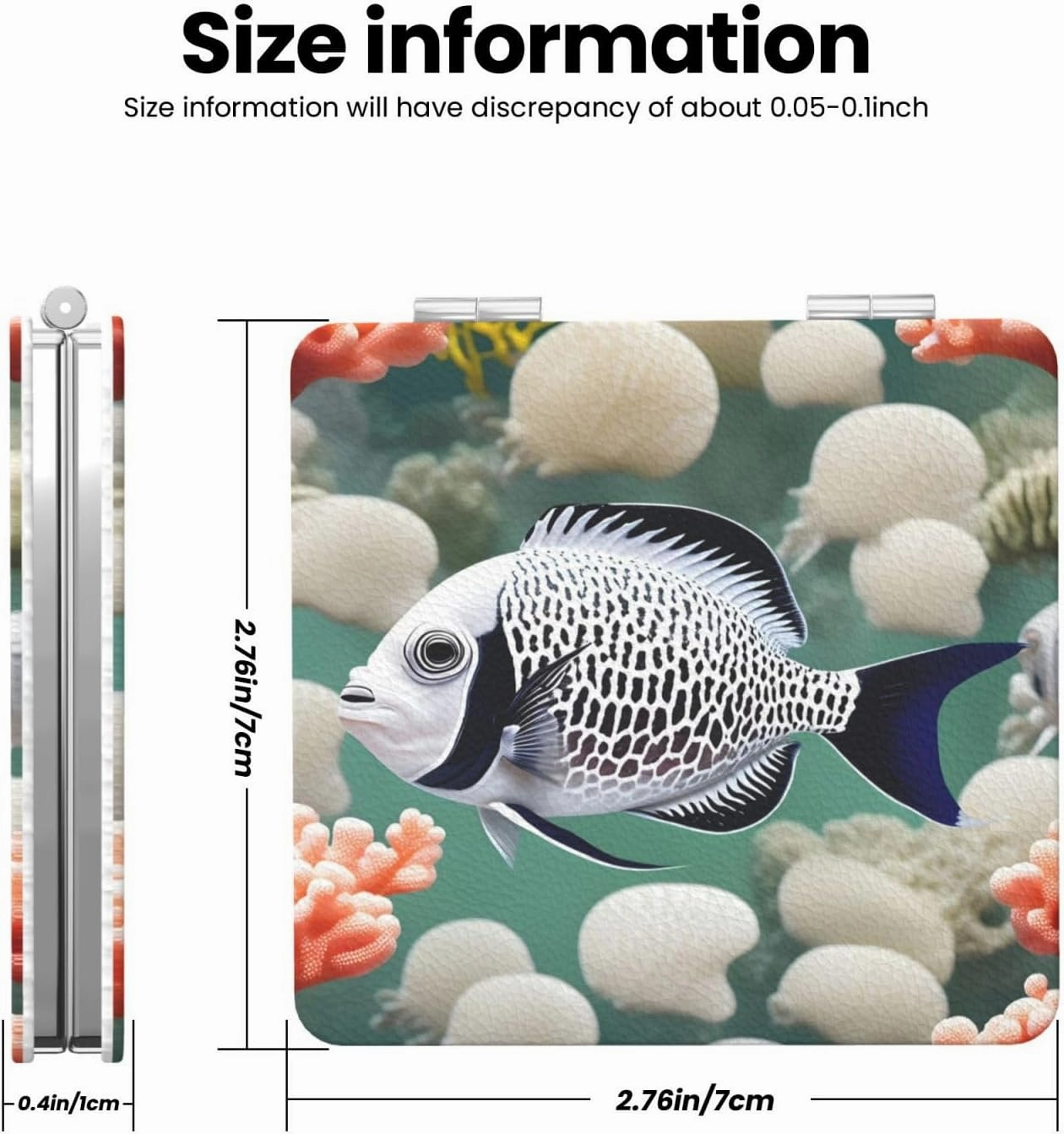 Portable Pocket Makeup Mirror White Tropical Fish Travel Cosmetic Mirror Square Print Magnifying Compact Mirror for Eyelash