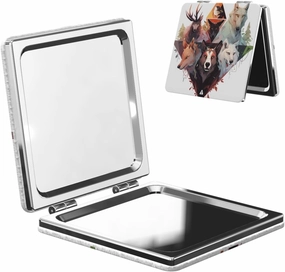 Portable Pocket Makeup Mirror Wolves and Reindeer Travel Cosmetic Mirror Square Print Magnifying Compact Mirror for Eyelash