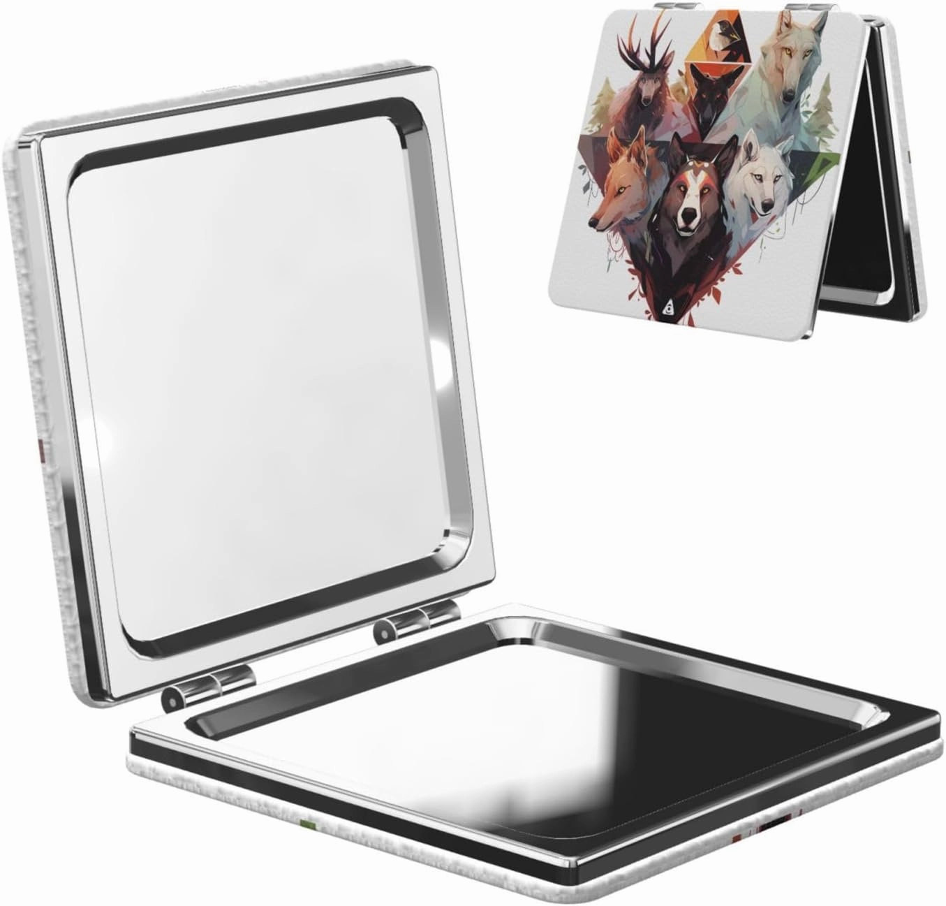Portable Pocket Makeup Mirror Wolves and Reindeer Travel Cosmetic Mirror Square Print Magnifying Compact Mirror for Eyelash