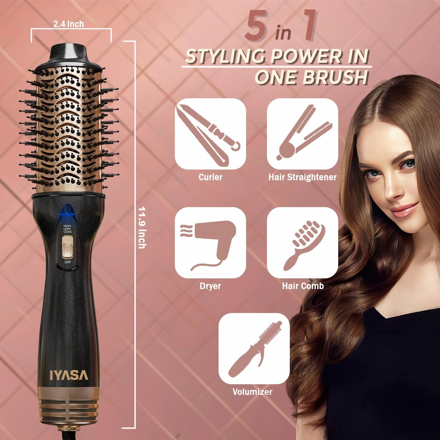 Premium 4-in-1 Oval Blow Dryer Brush, One-Step Hot Air Brush for Smooth, Hair Dryer & Volumizer, Salon Quality, Ionic Blow Dryer Styler & Straightener, Anti-Frizz, Large 3" Barrel, 13" Long