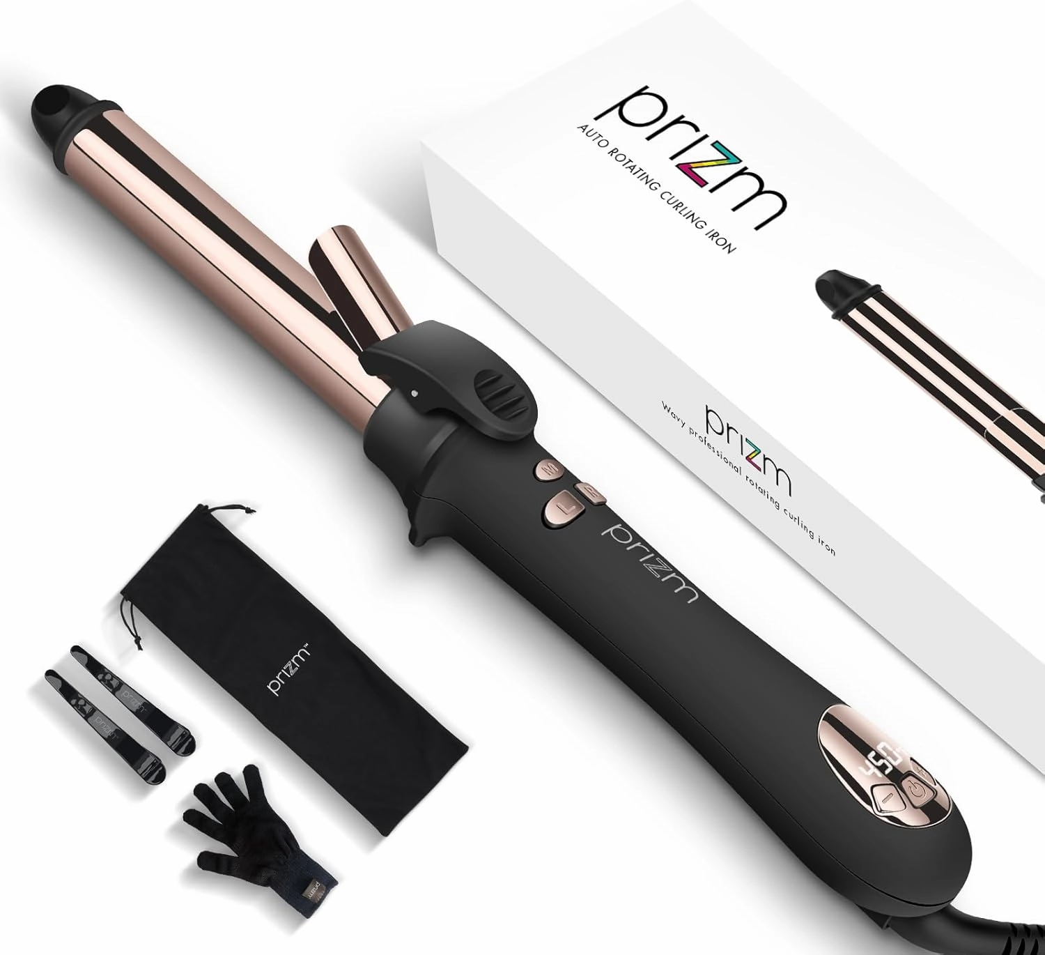 Prizm Professional 1 Inch Rotating Curling Iron, Nano Titanium Curling Wand, Automatic Hair Curler with 11 Adjustable Temps 250°F to 450°F, Anti Frizz Dual Voltage