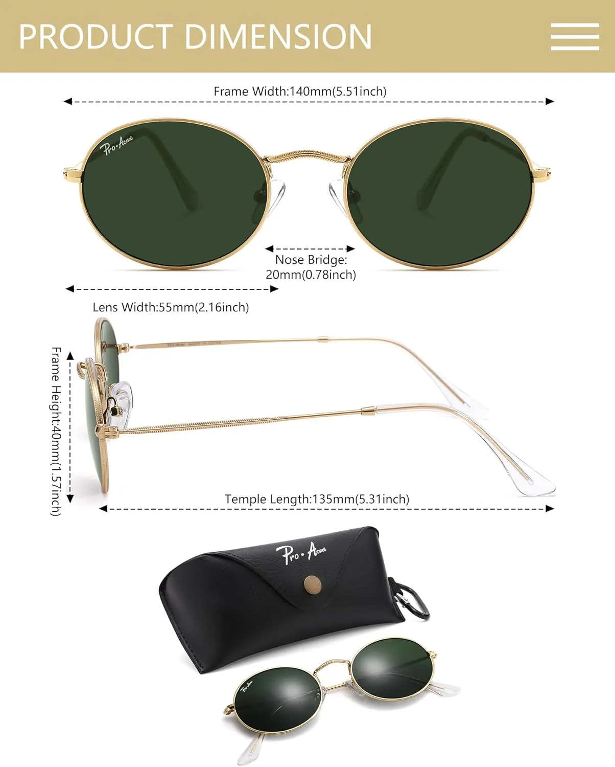 Pro Acme Retro Oval Sunglasses Glass Lens, Small Metal Frame Trendy 90s Sun Glasses for Women Men