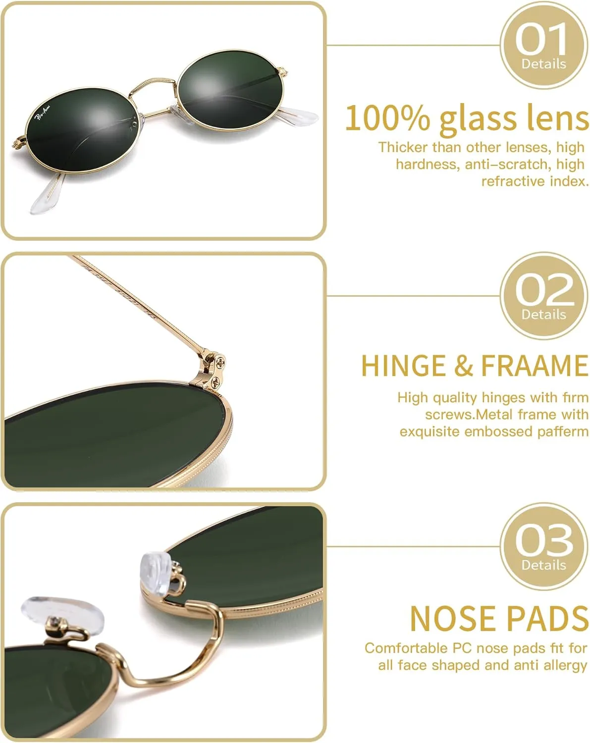 Pro Acme Retro Oval Sunglasses Glass Lens, Small Metal Frame Trendy 90s Sun Glasses for Women Men