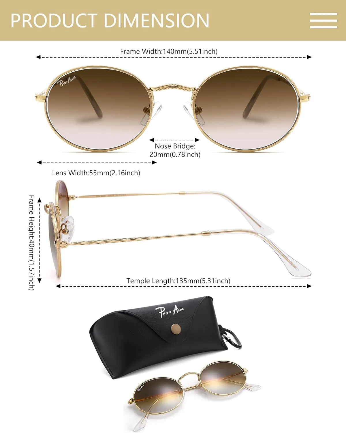 Pro Acme Retro Oval Sunglasses Glass Lens, Small Metal Frame Trendy 90s Sun Glasses for Women Men