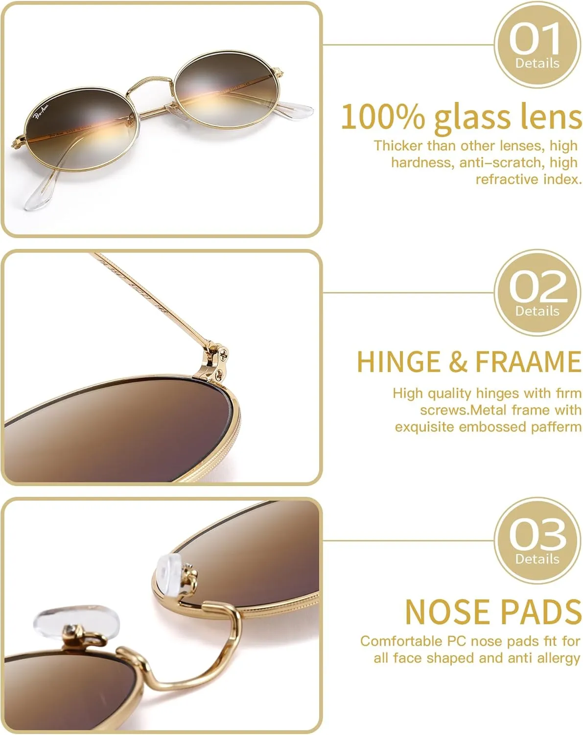 Pro Acme Retro Oval Sunglasses Glass Lens, Small Metal Frame Trendy 90s Sun Glasses for Women Men