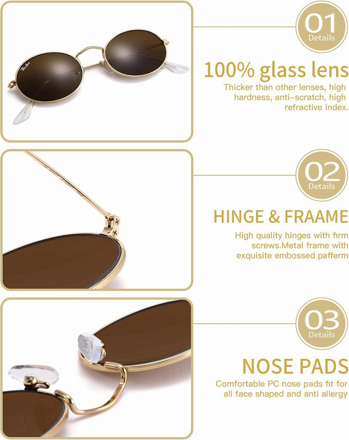 Pro Acme Retro Oval Sunglasses Glass Lens, Small Metal Frame Trendy 90s Sun Glasses for Women Men