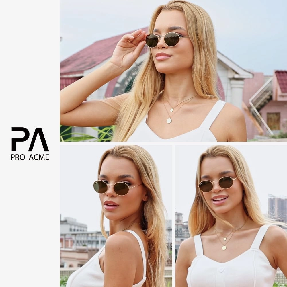 Pro Acme Retro Oval Sunglasses Glass Lens, Small Metal Frame Trendy 90s Sun Glasses for Women Men