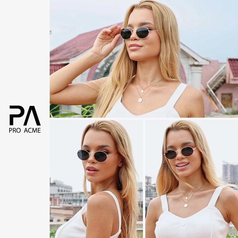 Pro Acme Retro Oval Sunglasses Glass Lens, Small Metal Frame Trendy 90s Sun Glasses for Women Men