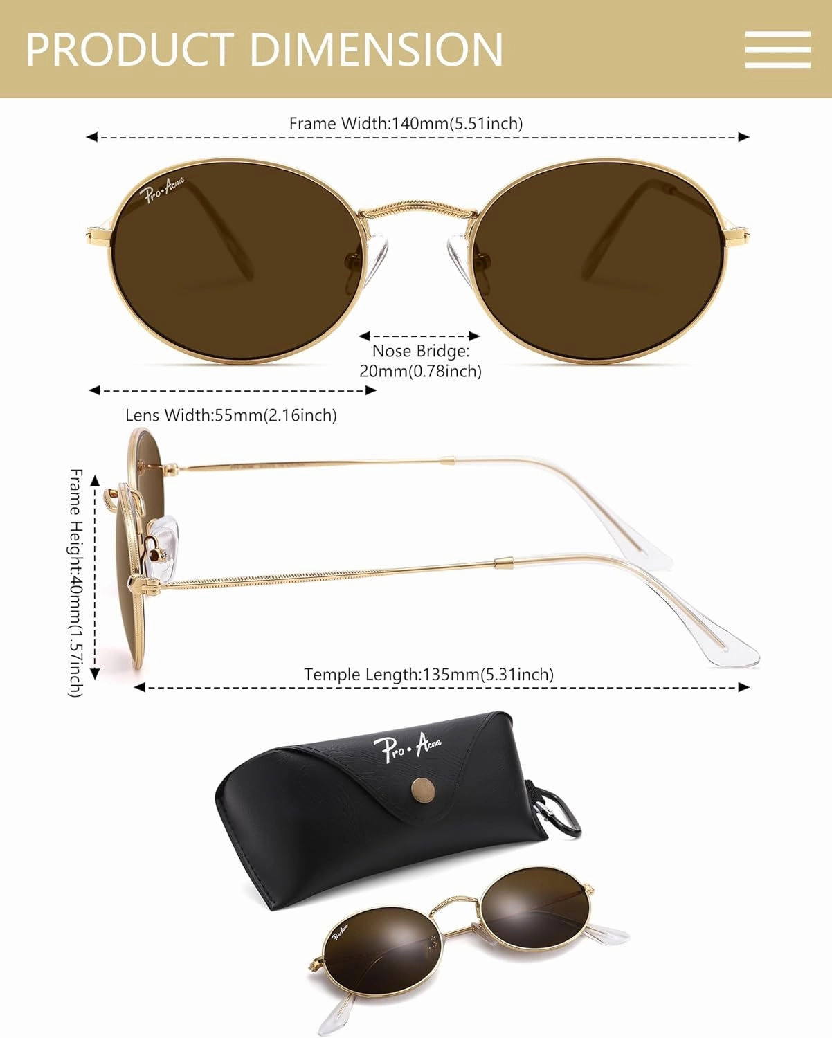 Pro Acme Retro Oval Sunglasses Glass Lens, Small Metal Frame Trendy 90s Sun Glasses for Women Men