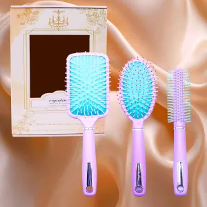 Professional Hair Care 3-Piece Gift Set - Non-Slip Plating Handle Air Cushion Brushes (Large Square   Oval   Round) with Hanging Holes (Lilac Purple)