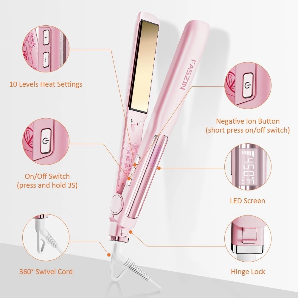 Professional Hair Straightener, 1.18 inch Ionic Titanium Plate, 20S Fast Heat Up Flat Iron with Clear LED Display, 2 in 1 Straightener and Curler Styling Tool for Straighten Hair (Pink)
