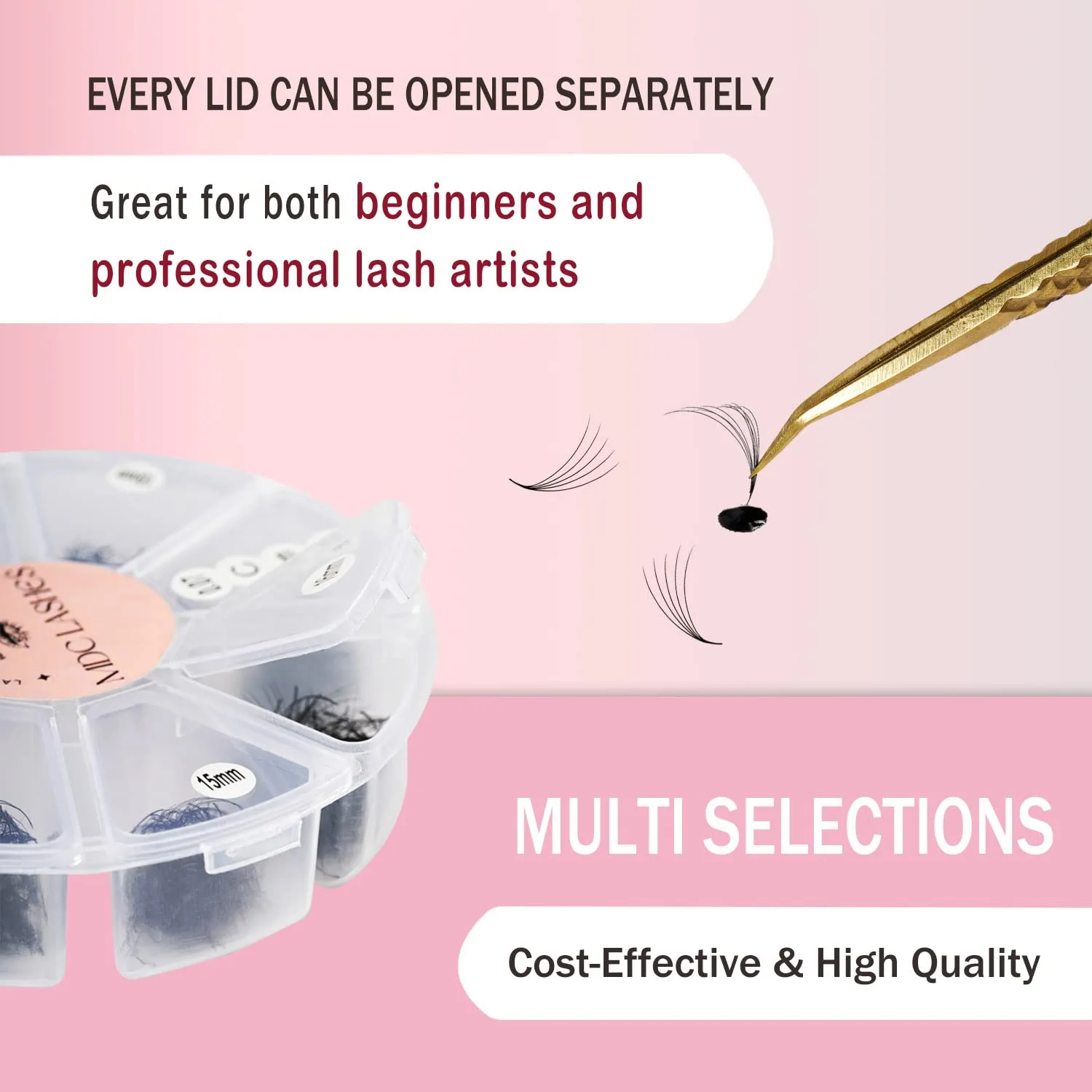Promade Eyelash Fans Mix Length 1000 Fans Volume Lash Extensions 8D-16D, C D Curl, 9-16mm Length, 0.05-0.07 Short Stem Promade Premade Pre Pro Loose Fans Eyelash Extension, Easy Application
