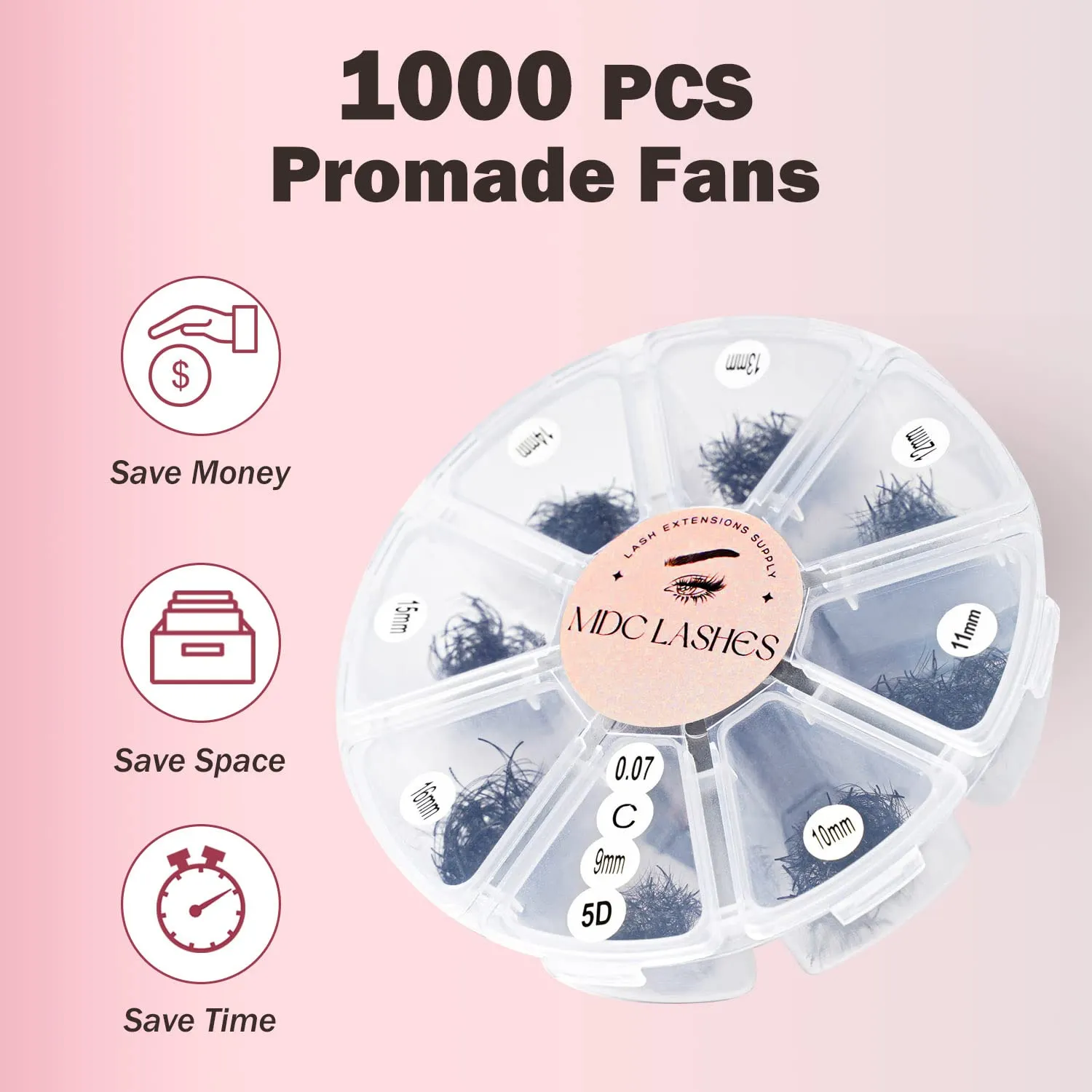 Promade Eyelash Fans Mix Length 1000 Fans Volume Lash Extensions 8D-16D, C D Curl, 9-16mm Length, 0.05-0.07 Short Stem Promade Premade Pre Pro Loose Fans Eyelash Extension, Easy Application