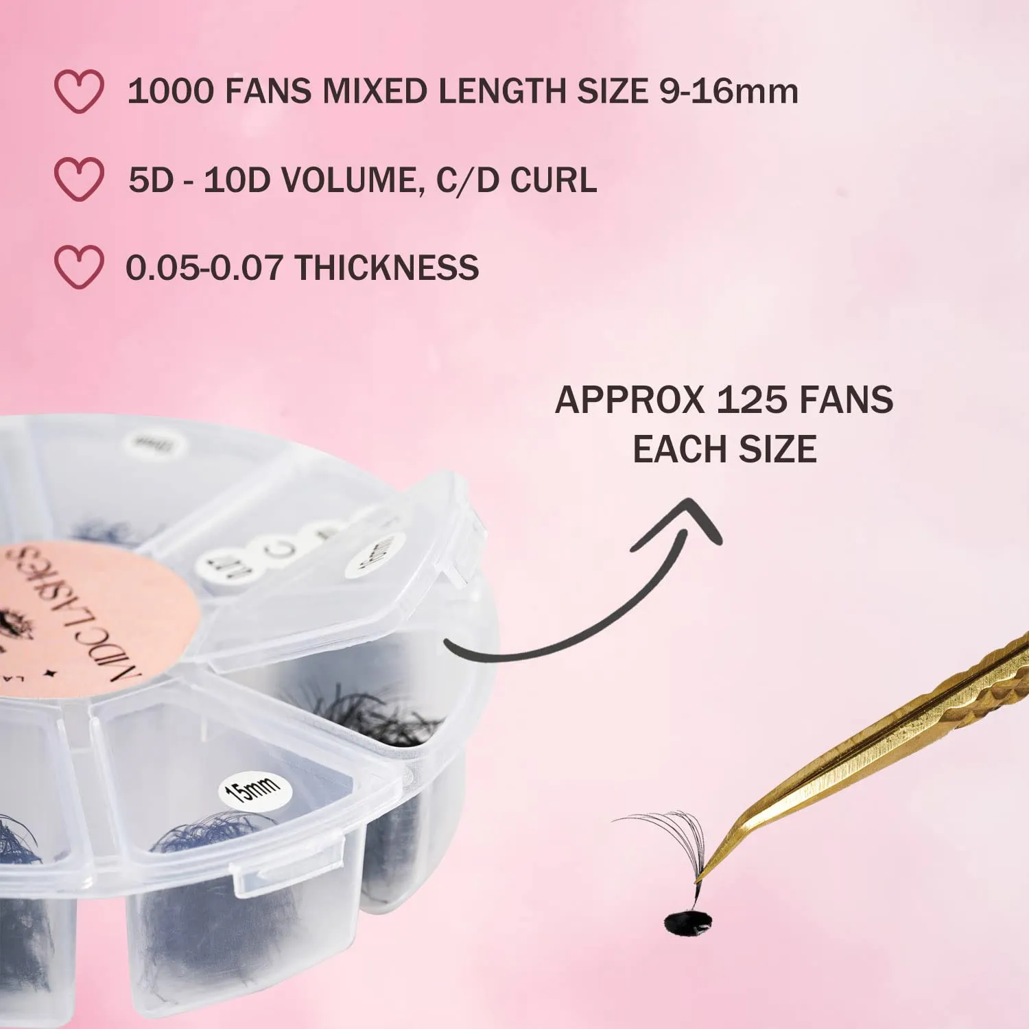 Promade Eyelash Fans Mix Length 1000 Fans Volume Lash Extensions 8D-16D, C D Curl, 9-16mm Length, 0.05-0.07 Short Stem Promade Premade Pre Pro Loose Fans Eyelash Extension, Easy Application