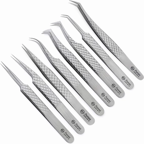 Promax Professional Quality Eye Lash Extension 8 Pcs Tweezers Set - Complete Kit with Straight & Curved Tweezers, Black Leather Pouch Case - 80-2026