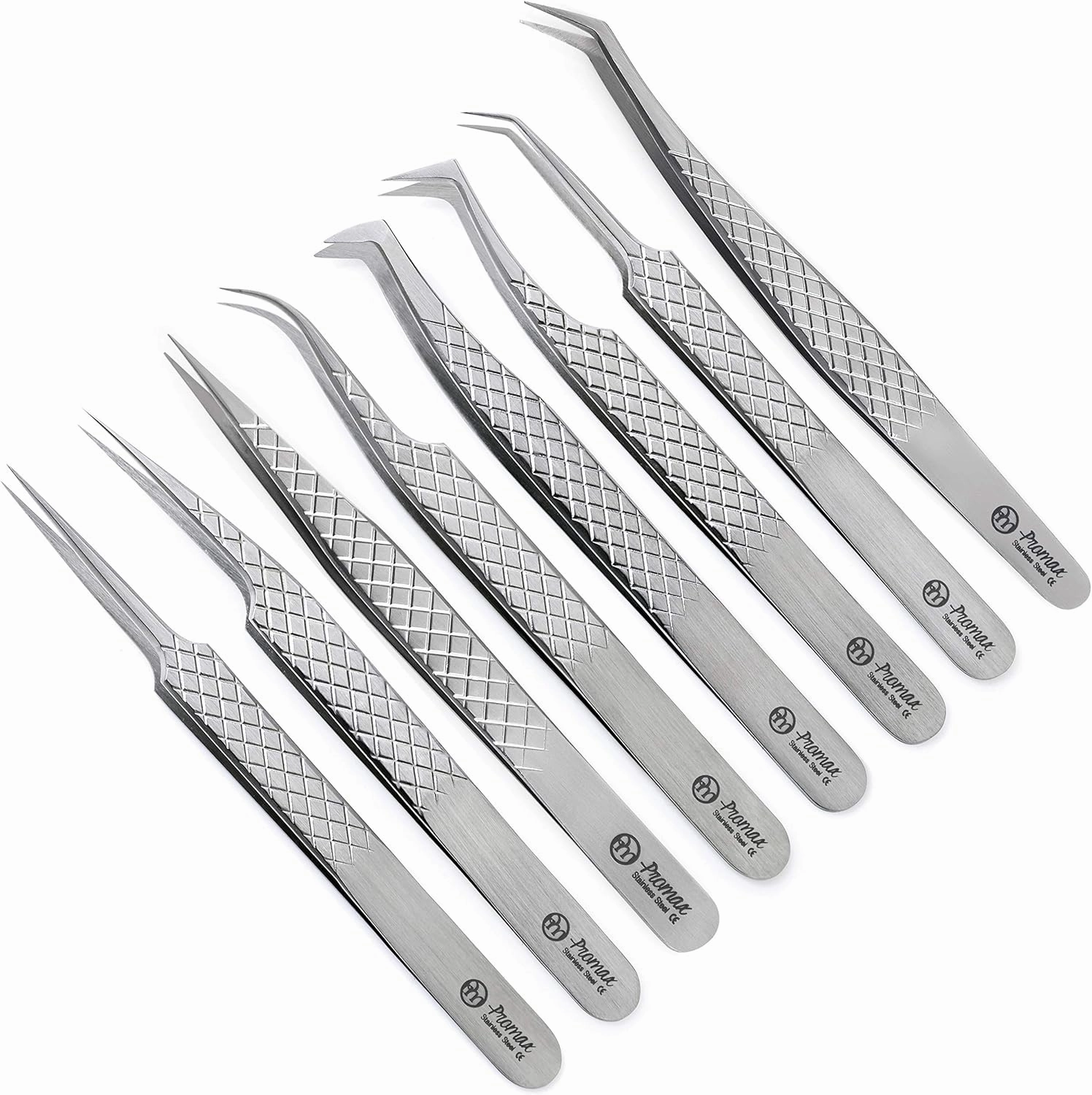 Promax Professional Quality Eye Lash Extension 8 Pcs Tweezers Set - Complete Kit with Straight & Curved Tweezers, Black Leather Pouch Case - 80-2026