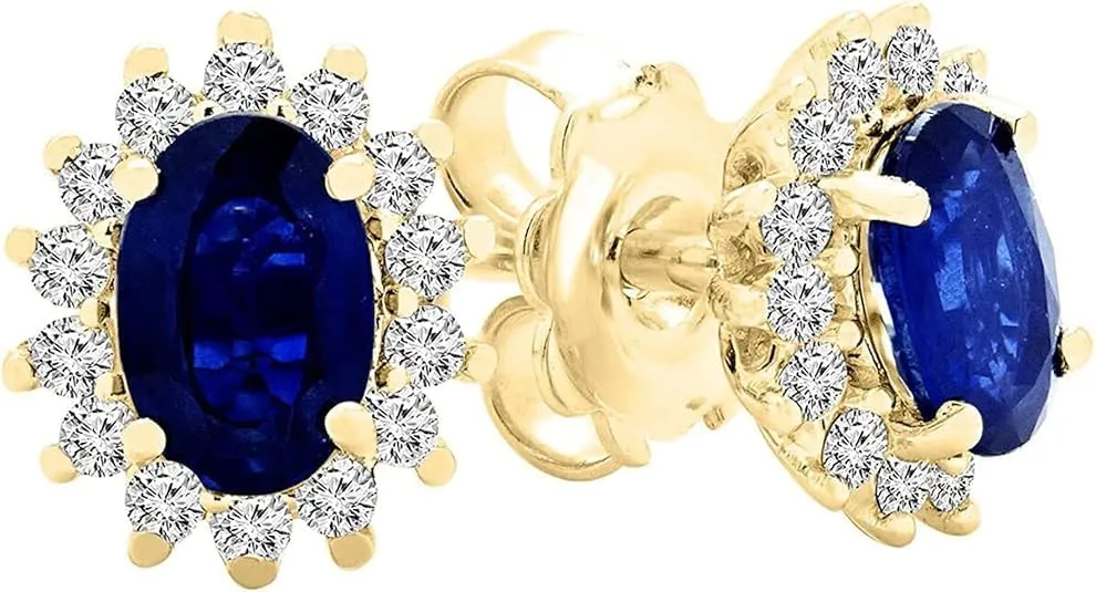 QWALITY JEWEL ART 1.50CT Oval Cut Created Blue Sapphire & Simulated Diamond Halo Stud Earrings 14K Yellow Gold Plated 925 Sterling Silver