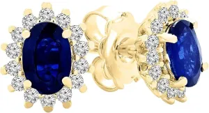 QWALITY JEWEL ART 1.50CT Oval Cut Created Blue Sapphire & Simulated Diamond Halo Stud Earrings 14K Yellow Gold Plated 925 Sterling Silver