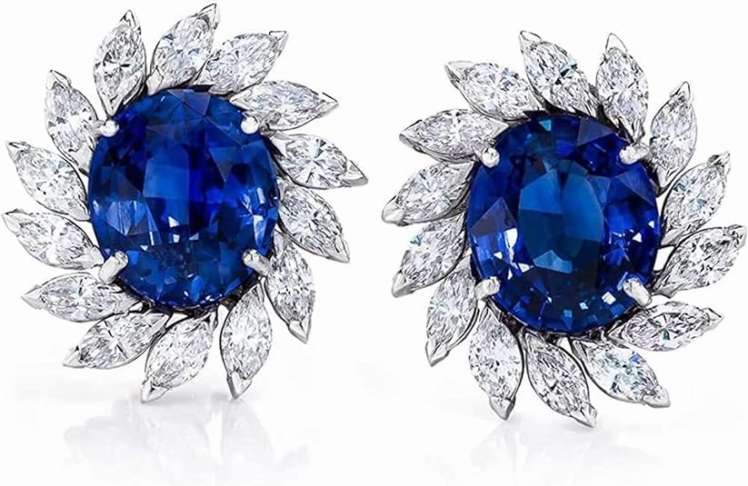QWALITY JEWEL ART 2.20Ct Oval Cut Created Blue Sapphire Halo Stud Earring 14k White Gold Plated 925 Sterling Silver