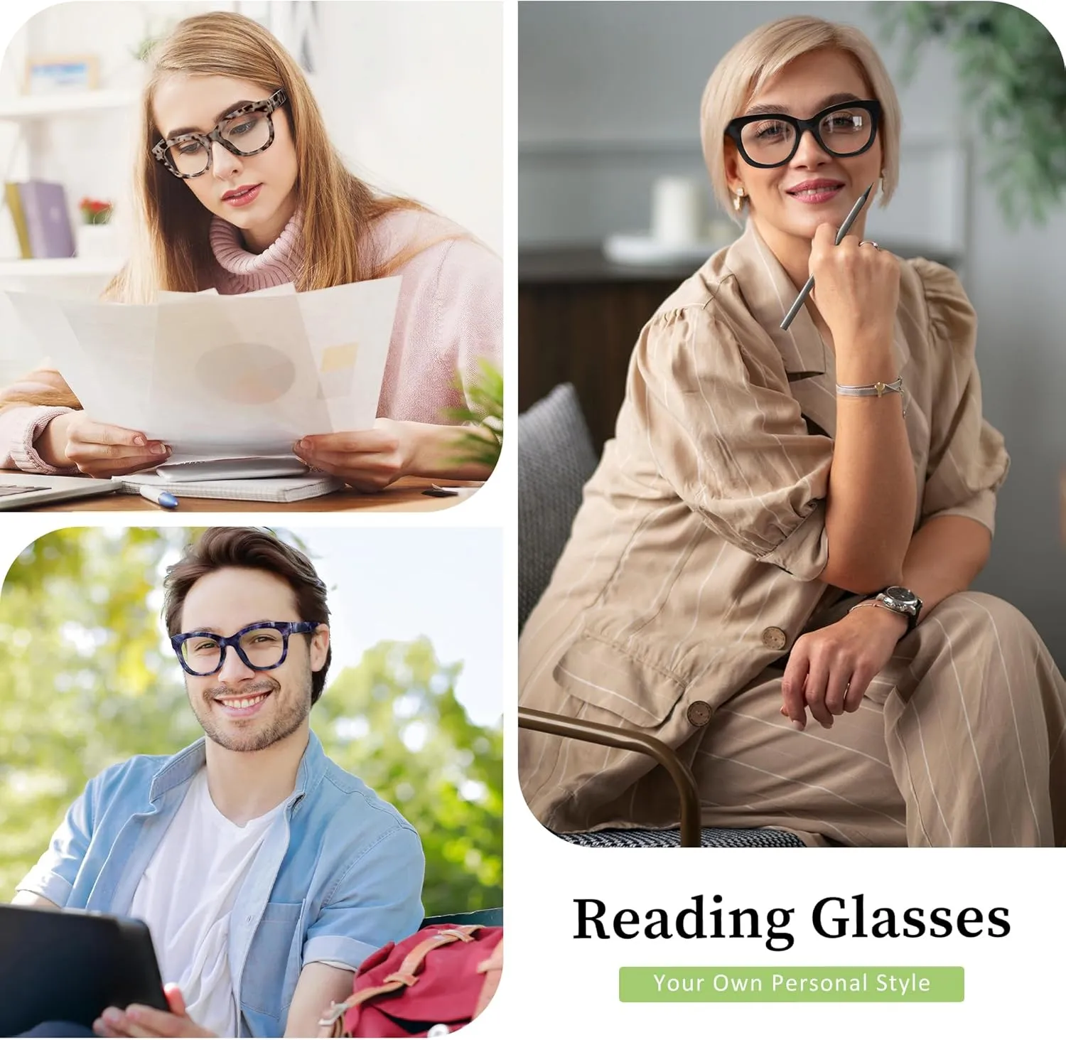 Reading Glasses for Women Men Square Oval Readers with Spring Hinge Anti UV Glare