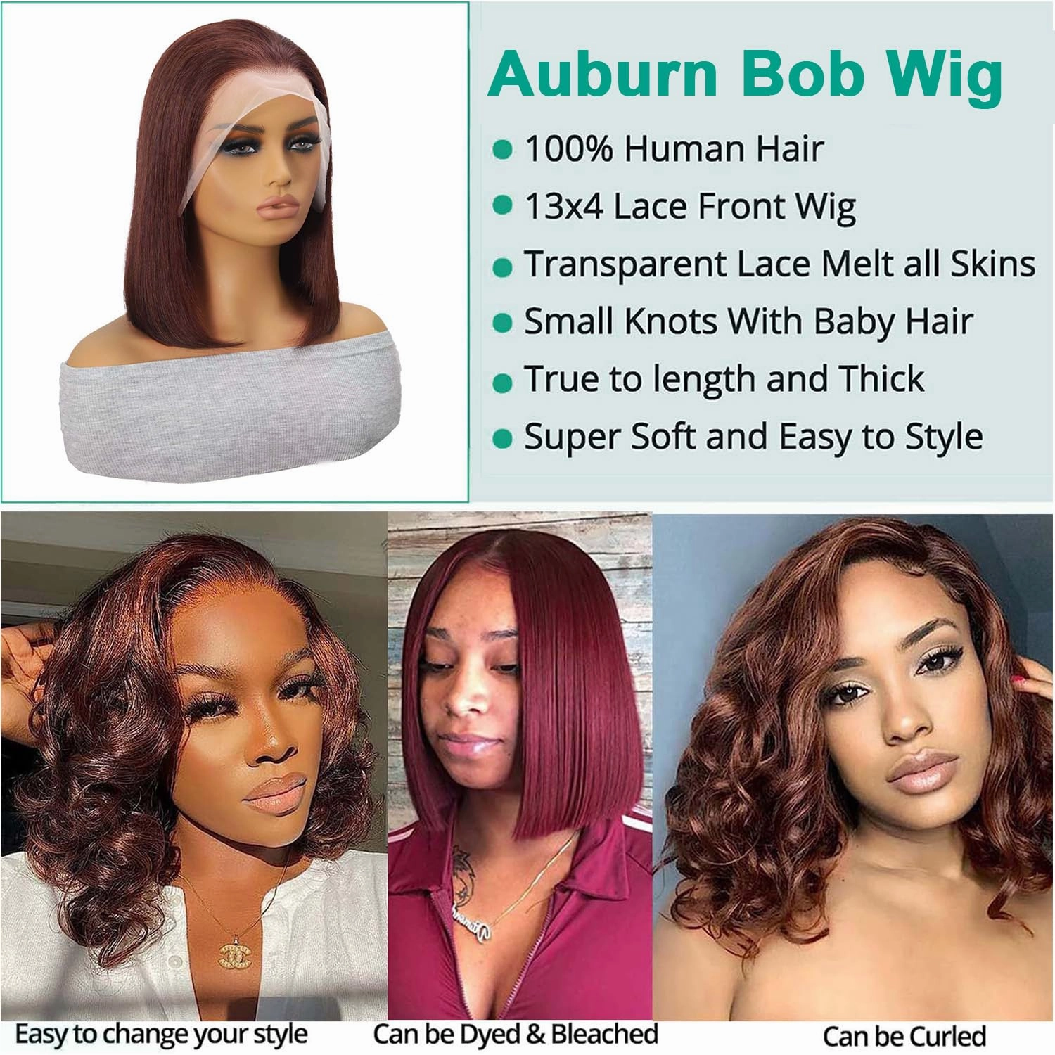 Reddish Lace Front Bob Wigs Human Hair Short Brown Copper Red 13x4 Lace Frontal 33b# Color Bob Wig Pre Plucked Straight Human Hair Bob Wigs for Women（12"）