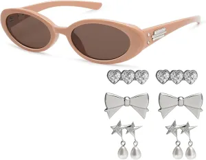 Retro Oval Sunglasses for Women Men Trendy Small 90s Style with Replaceable Charms