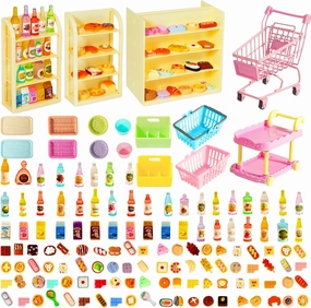 Rileryan 177 PCS Mini Shopping Cart Basket Miniature Food Bottle Drink Fruit Cake Bread Metal Handcart Small Dining Cart Supermarket Store Grocery Accessories