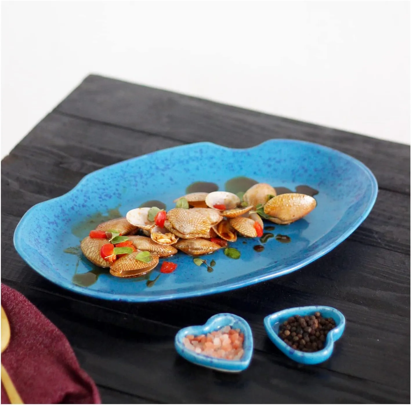 roro Hand-Molded Ceramic Stoneware Oval Dinner Plates Set of 2 - Coral Beach Blue, Speckled Design, 12.5" x 7.5" - Microwave, Oven, Dishwasher Safe, Restaurant-Grade, Prop 65 Compliant