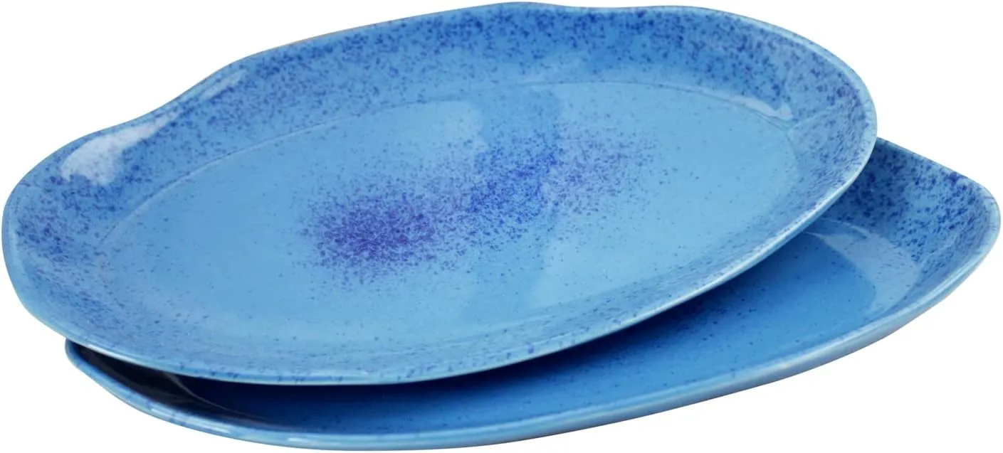 roro Hand-Molded Ceramic Stoneware Oval Dinner Plates Set of 2 - Coral Beach Blue, Speckled Design, 12.5" x 7.5" - Microwave, Oven, Dishwasher Safe, Restaurant-Grade, Prop 65 Compliant