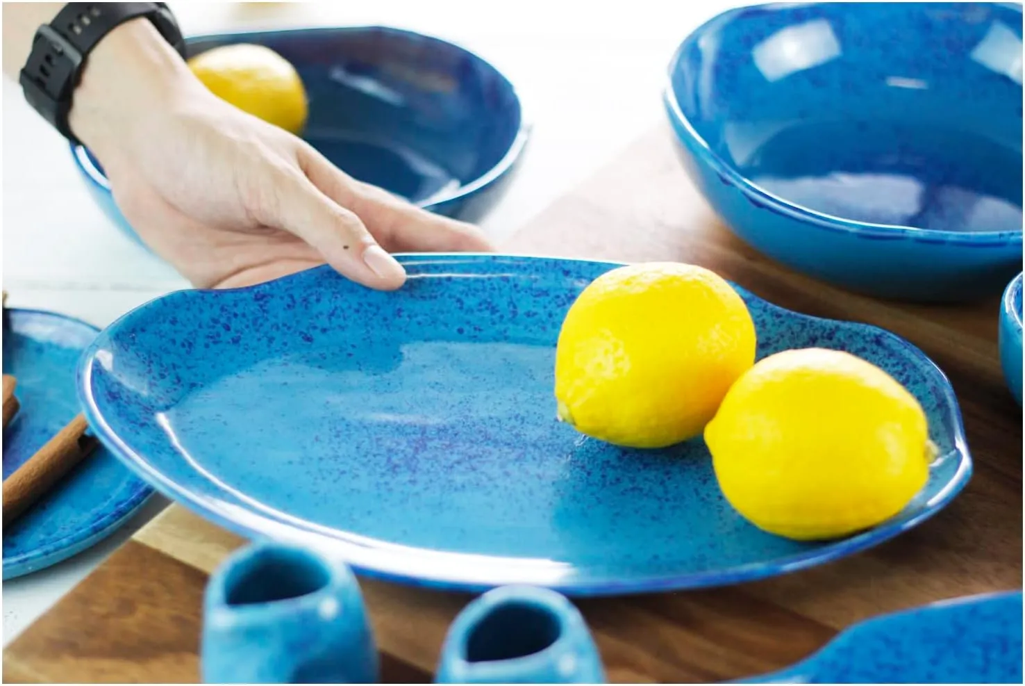 roro Hand-Molded Ceramic Stoneware Oval Dinner Plates Set of 2 - Coral Beach Blue, Speckled Design, 12.5" x 7.5" - Microwave, Oven, Dishwasher Safe, Restaurant-Grade, Prop 65 Compliant